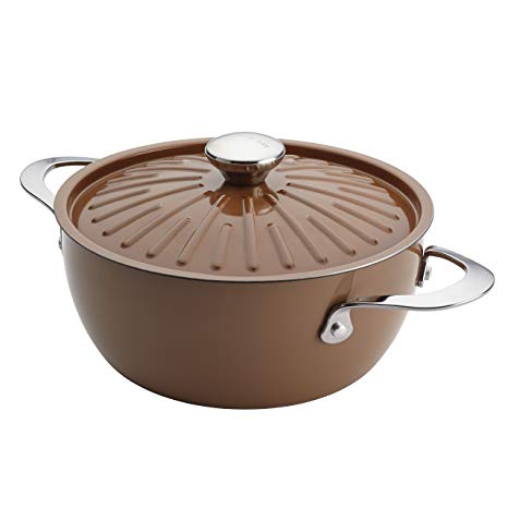 Rachael Ray Cucina Hard Porcelain Enamel Nonstick Covered Round Casserole, 4.5-Quart, Mushroom Brown