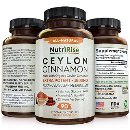 Ceylon Cinnamon 1800MG - Made With Organic Ceylon Cinnamon - 100% Pure Cinnamon Supplement for Powerful Antioxidant, Anti-Inflammatory & Blood Sugar Support - 90 Ceylon Cinnamon Capsules - Non-GMO