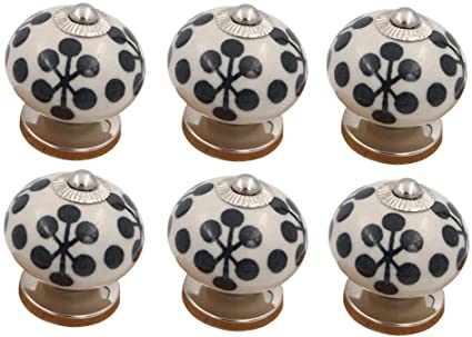 THDC Painted Ceramic Knob, Cabinet Knob, Drawer Knob, Dresser Knob, Handmade, Hand Painted, Vintage Knob (Set Of 6) (Black Polka Dot)