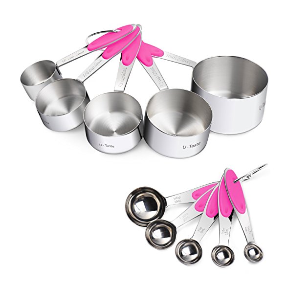 Measuring Cups : U-Taste 18/8 Stainless Steel Measuring Cups and Spoons Set of 10 Piece, Upgraded Thickness Handle(Pink)