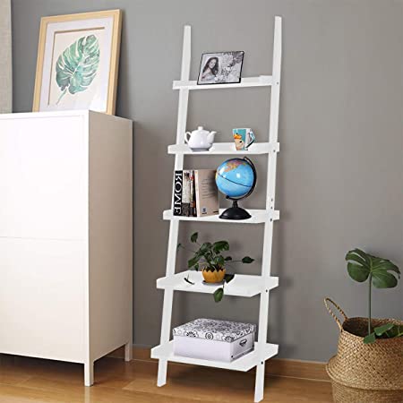 COSTWAY 5 Tier Wooden Wall Rack, MDF Display Ladder Bookcase, Smooth Surface Leaning Shelf Unit with Large Storage Spaces for Flower Plant Toy Book, Indoor Furniture White