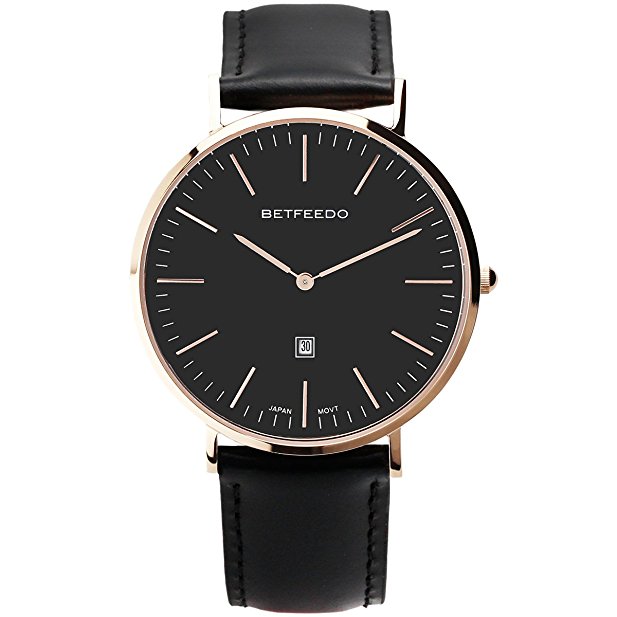 BETFEEDO Men's Ultra-Thin Quartz Analog Date Wrist Watch with Black Leather Strap