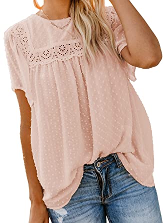 Dokotoo Womens Crewneck Lace Crochet Pom Pom Flowy Short Sleeve Casual Shirts Blouses Tops