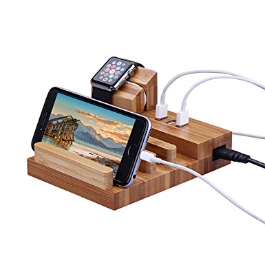 USB Charger Station, M.Way 3 USB 5V 3A Cellphone Charging Ports, Bamboo Wooden Charging Dock Organizer Watch Charger Bracket Stand Display Holder for Tablets, iPhone, Apple Watch, Smartphones