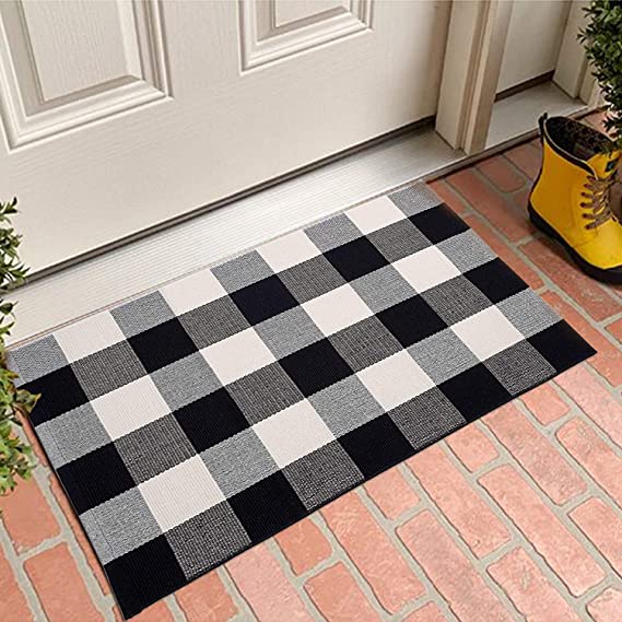 MUBIN Buffalo Plaid Door Mat/Rug Black/White Check Rugs 23.5 x 35.4 Inches Reversible Washable Cotton Hand-Woven Outdoor Rugs for Layered Door Mats Porch/Kitchen/Farmhouse