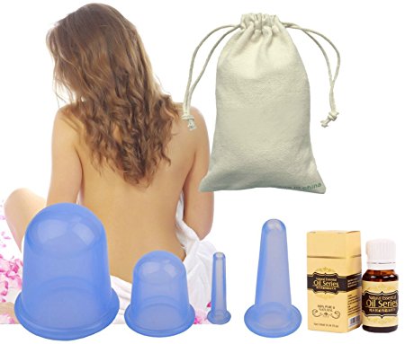 Jijivisha Anti Cellulite Silicone Cupping Kit with Oil – 4 Pcs Chinese Massage Body & Face Suction Cups Set with 10ml Massage Oil