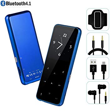 MP3 Player - HonTaseng Bluetooth 4.2 Sports Metal Touch Button Music Player with Armband, 60 Hours Playback Time, HiFi Sound with FM Radio & Voice Recorder, Expandable 64GB TF Card, Blue