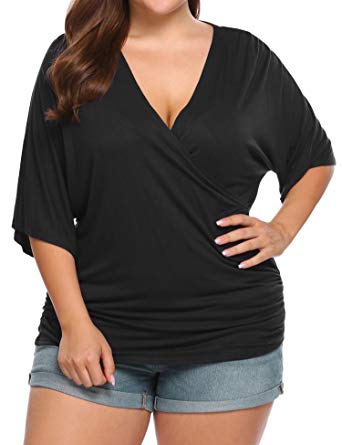 IN'VOLAND Womens Plus Size Tops V Neck Wrap Short Sleeve Shirts Casual Loose Dolman Top Tunic