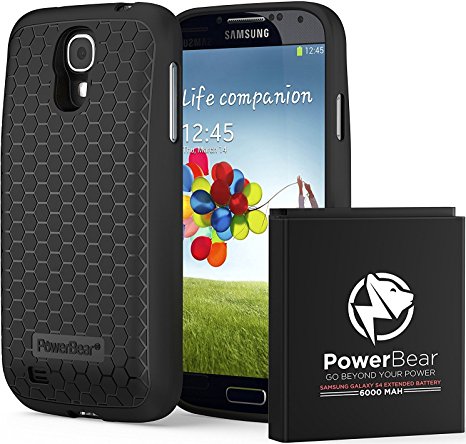 PowerBear Samsung Galaxy S4 Extended Battery [6000mAh] & Back Cover & Protective Case (Up to 2.3X Extra Battery Power) - Black [24 Month Warranty & Screen Protector Included]