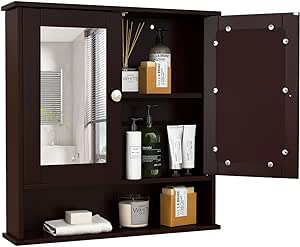 COSTWAY Bathroom Cabinet Wall Mounted - Over The Toilet Wall Storage Cabinet with 2 Mirror Doors and Adjustable Shelf, Hanging Medicine Cabinet for Bathroom, Living Room, Kitchen (Brown)