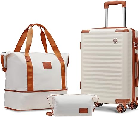 Joyway Carry on Luggage 20 Inch Suitcases with Spinner Wheels, White Brown, 20" Carry-on with Soft Tote Bag, Hardside Carry on Luggage With Spinner Wheels