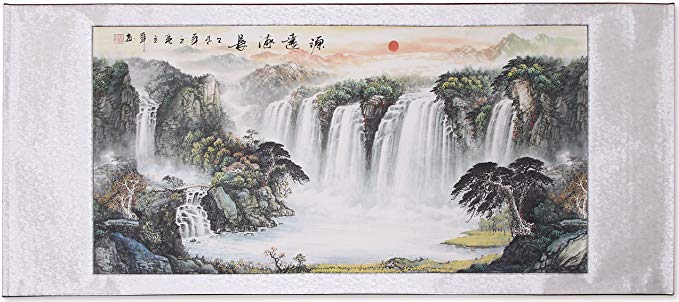 Chinese Traditional Waterfall Landscape Scrolled Painting, Feng Shui Painting for Office Living Room Decoration Attract Wealth and Good Luck,Ready to Hang (67"x 29")