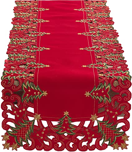 Fennco Styles Pandoro Collection Holiday Embroidered Christmas Tree Cutwork Border 16 x 90 Inch Table Runner – Red Table Runner for Christmas Dinner, Family Gathering, Special Events and Home Décor