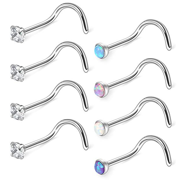 Ruifan 20G 316L Surgical Steel 1.5mm 2mm 2.5mm 3mm Jeweled Opal & Clear CZ Nose Screw Rings Studs Ring Body Piercing Jewelry 8PCS