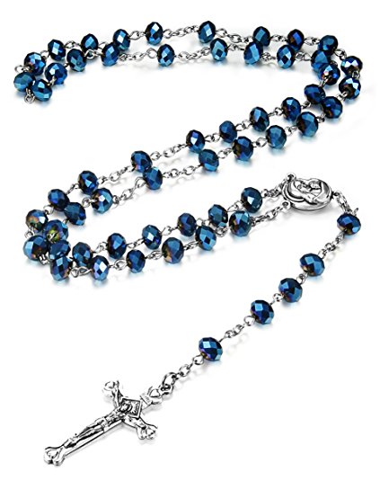 LOYALLOOK 8mm-10MM Blue Crystal Beads Catholic Rosary Necklace Crucifix Cross Pendant,30 Inch