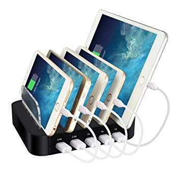 Charging Station,ELEGIANT Universal 5-Port USB Smart Charging Station Dock 2-In-1 Desktop Charging Stand Organizer and Portable Travel USB Charger for Smartphone Tablet And More