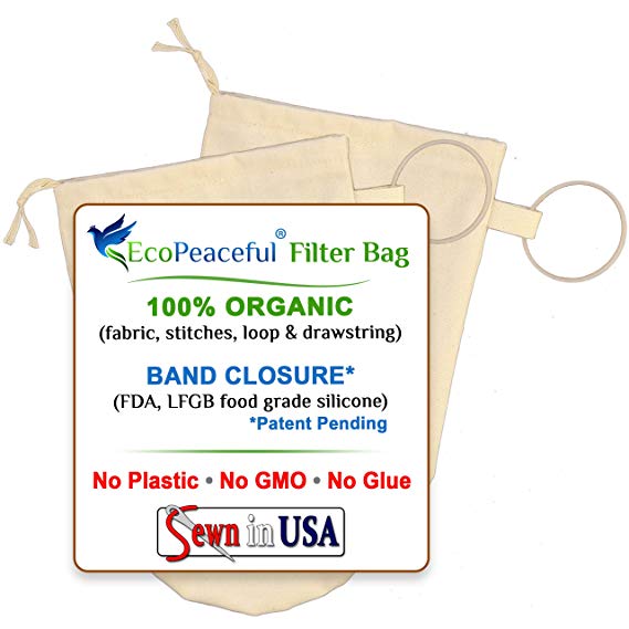 EcoPeaceful 2 Pack - 6"x10" Organic Cotton Cold Brew Coffee Bags - Nut Milk, Celery Juice Extra Fine Filter Strainer w/Drawstring & Silicone Band Closure. Reusable, Unbleached, BPA-free, Safe to Boil