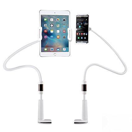 Gooseneck iPhone Holder/ iPad Stand, Universal Flexible Lazy Bracket Long Arm Clip Detachable for 4-10.6" Cell Phones/ Tablet 360 Degree Rotating (White)