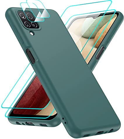 Samsung Galaxy A12 Case, Samsung A12 Case with [2 Pack] Tempered Glass Screen Protector & Camera Lens Protector, LeYi Liquid Silicone Soft Microfiber Liner Cover Case for Galaxy A12, Green