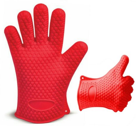 Premium Oven Mitts Gloves * Silicone Heat Resistant Gloves * 5-Finger Anti Slip Grip, One Size Fits Most, for Grilling BBQ, Cooking, Baking, Smoking & Potholder, 1 Pair of Red Color