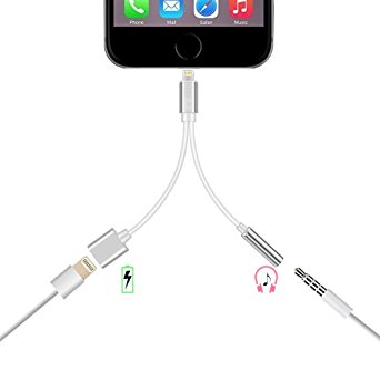2 in 1 Lightning iPhone 7 Adapter, 3.5mm Audio Adapter and Charger Cable - LOOG Lightning Charger and Earphone Stereo Jack Cable Adapter for iPhone 7 7 Plus [No Phone Call & Music Control] - (Silver)