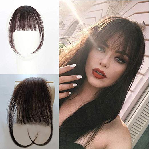 Vowinlle Air Hair bangs Clip on Real Hair #4 Dark Brown Clip in Bangs 100% Human Hair One Piece Straight Fringe Hairpiece Accessories (Flat Bangs with Temples)