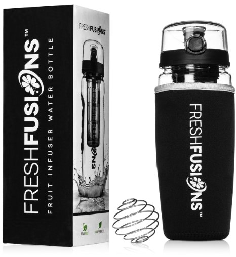 Fresh Fusions Fruit Infuser Water Bottle 32 oz - Protein Shaker Coil - Sleeve Combo Pack