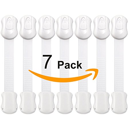 Adjustable Baby Safety Locks, 7 Pack Jeeco Child Proofing Cabinets, Drawers, Fridge, Toilet Seats, Appliances, No Drill & Uses 3M Adhesive with Adjustable Strap and Latch