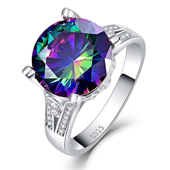 BONLAVIE 925 Sterling Silver Rings 10.5ct Round Cut Created Mystic Rainbow Topaz Cubic Zirconia CZ Solitaire Engagement Ring