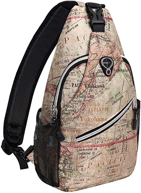 MOSISO Sling Backpack,Travel Hiking Daypack Pattern Rope Crossbody Shoulder Bag, Camel Base World Map