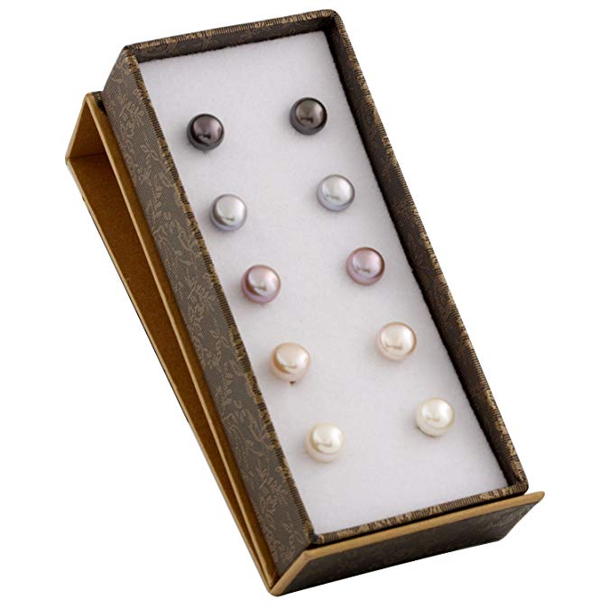 Boxed Set 5 pairs 8mm Genuine Freshwater Cultured Pearl Stud Earrings in 925 Sterling Silver
