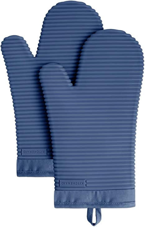 KitchenAid Ribbed Soft Silicone Oven Mitt Set, Blue Willow 2 Count