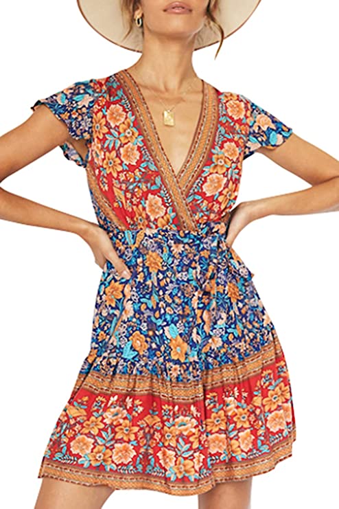 ZESICA Women’s Summer Wrap V Neck Bohemian Floral Print Ruffle Swing A Line Beach Mini Dress