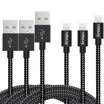 Airsspu iPhone Cable,3Pack(6FT/6FT/10FT)Nylon Braided Lightning Cable USB Cord Charging Cable for iPhone 6/6 Plus/6s/6s Plus,iPhone 5 5c 5s,iPad 4 Mini Air(Black Gray)