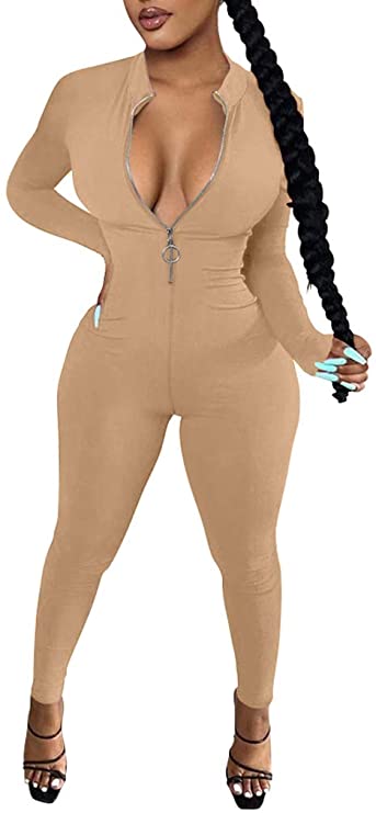 LAGSHIAN Women's Sexy Casual Long Sleeve V Neck Zipper One Piece Bodycon Jumpsuit