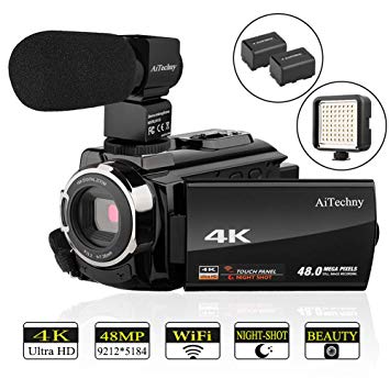 Video Camera, 4K Camcorder AiTechny Ultra HD Digital WiFi Camera 48MP 16X Digital Zoom Recorder WiFi Camera 3.0" Touch Screen IR Night Vision with External Microphone, LED Video Light, and 2 Batteries