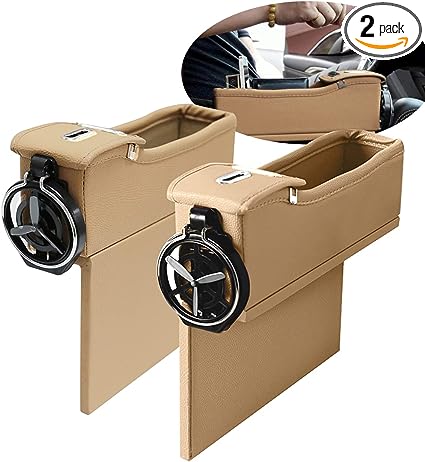 N / A Maodaner Universal Car Seat Gap Filler Premium PU Leather Side Pocket Organizer, Seat Crevice Storage Box with Cup Holder for Smartphone Coin Wallet Key, Car Interior Accessories 2PCS (Beige)