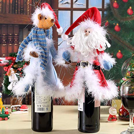 Christmas Wine Bottle Cover Bags Wine Gift for Christmas Table Dinner Decoration Home Party Decoration (2 Packs-Santa Reindeer)