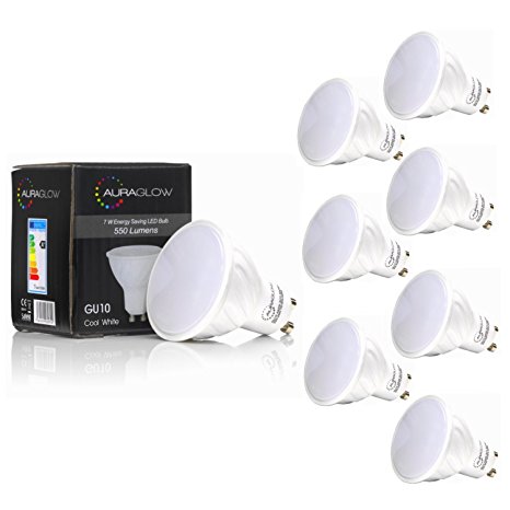 AURAGLOW Super Bright 7w LED GU10 Light Bulb, Daylight Cool White 6500k - RETROFIT - 550 lumen - 70w EQV - Eight Pack