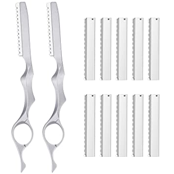 12 Pieces Hair Styling Thinning Razor Set, 2 Pieces Hair Styling Razor Hair Cutting Texturizing Razors and 10 Pieces Replacement Spare Blades for Salon Home Christmas Valentine's Day Giving (Silver)