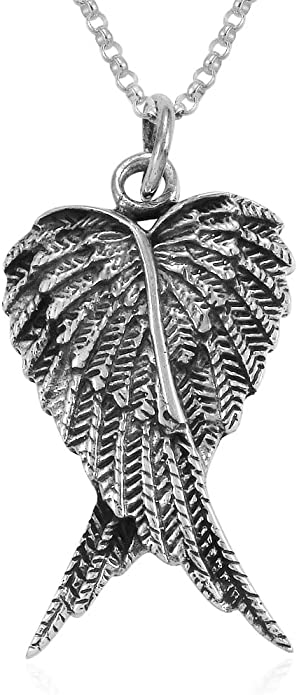 Mimi Sterling Silver Double Angel Wings Heart Feathers Pendant Necklace, 18 inches