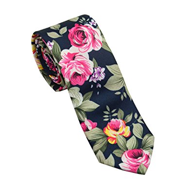 FSLESI Men Casual Fashion Floral Cotton Slim Tie Necktie