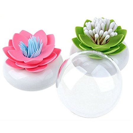 HUELE 2-pack Lotus Flowers Cotton Swab Holder, Small Q-tips Toothpicks Storage Organizer,Bathroom Vanity Canister(GREEN PINK)