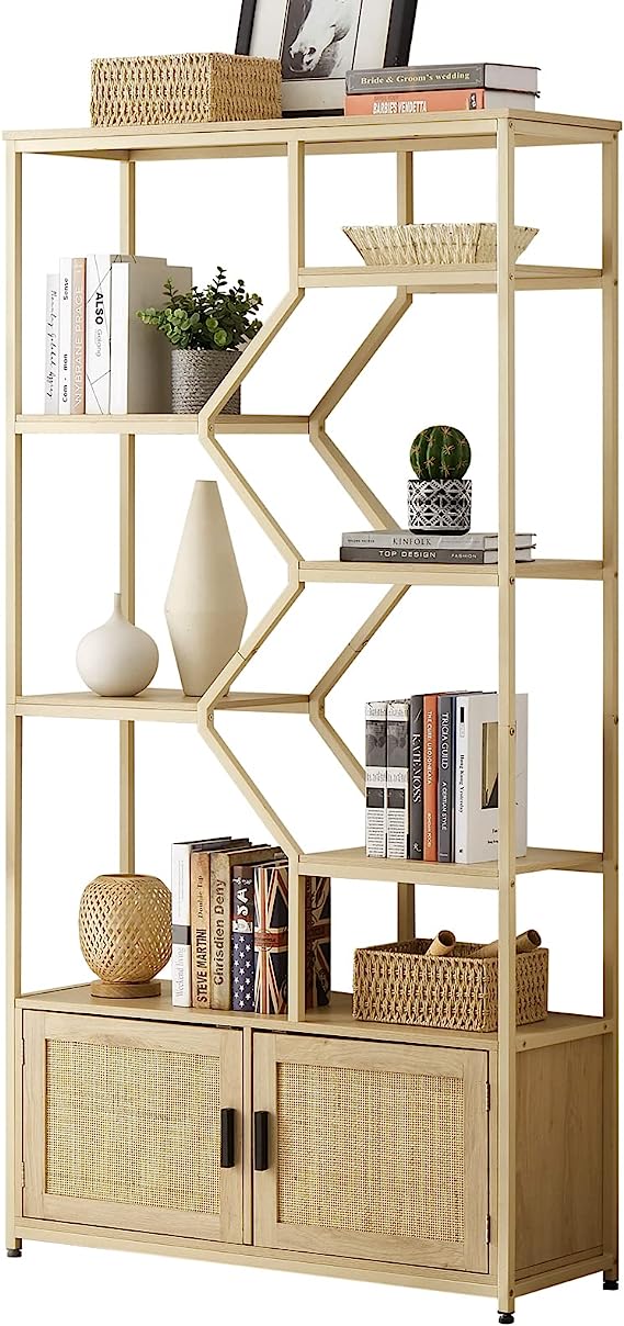 YISUYA Rattan Bookshelf 7 Tiers Bookcases Storage Rack, 7 Tiers Bookcases Storage Shelf with Doors, Display Shelf for Collectibles, Tall Bookshelf, for Living Room Home Office