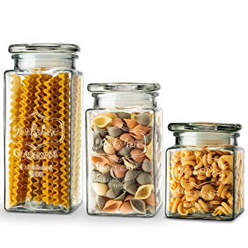 Glass Storage Jars by KooK, 3 Different Sizes, Great for Cereal, Rice, Cookies, Candy, Nuts, Flour, Sugar, Pasta, Large, Medium, Small, Set of 3