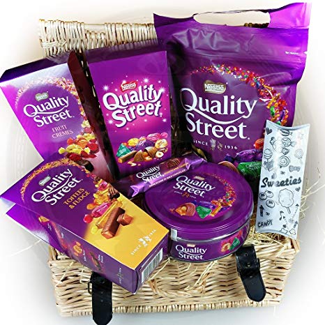 Quality Street Christmas Wicker Hamper – Packed full of Quality Street items, Large pouch, Small Tin, Honeycomb Bar, Original, Toffee & Fudge and Fruit Cremes Cartons – By Moreton Gifts