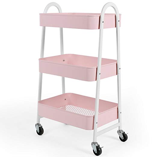 3-Tier Utility Rolling Cart with Large Storage and Metal Wheels for Office,Kitchen,Bedroom,Bathroom,Black,Pink,White 130839