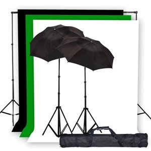 StudioFX Photo Studio Lighting Light kit & Stand / (3) 10' x 10' Muslin Green, White, Black / (2) Black-Silver Umbrella Reflector 33" -- K3