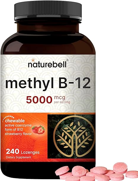 NatureBell Ultra Strength Vitamin B12 Methylcobalamin 5000mcg, 240 Strawberry Flavored Lozenges | Bioactive Form of B12 | Promotes Energy Metabolism - Vegan Friendly & Non GMO