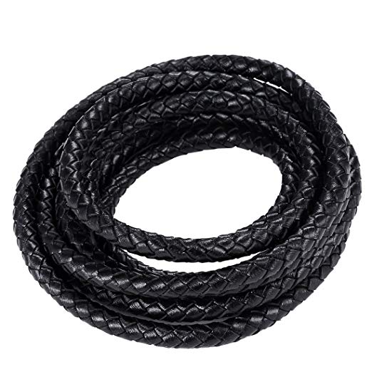 Boruo Brand 6mm Round Folded Bolo PU Braided Leather Cord For Necklace Bracelet Jewelry Making (2m Black Color)